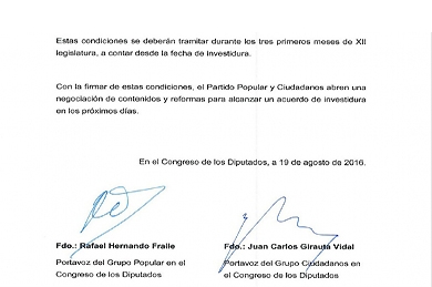 El pacto anticorrupción PP-C&acute;s solo entrará en vigor si Rajoy es investido presidente