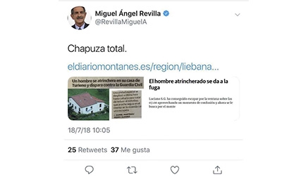 Revilla borra un tweet en el que tilda de &quot;chapuza total&quot; el operativo de la Guardia Civil generando malestar en el PSOE