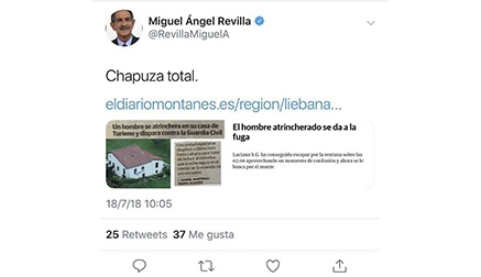Revilla borra un tweet en el que tilda de "chapuza total" el operativo de la Guardia Civil generando malestar en el PSOE