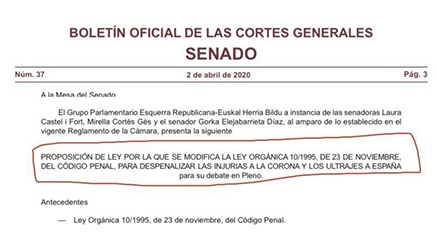 ERC y Bildu presentan una Proposición de Ley en el Senado &quot;para despenalizar las injurias a la Corona y los ultrajes a España&quot;