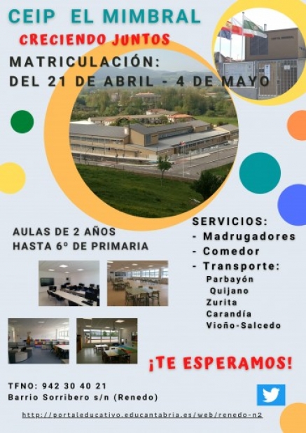 El CEIP El Mimbral de Renedo de Piélagos abrirá del 21 de abril al 4 de mayo el periodo solicitud de plaza para el curso 2021-22